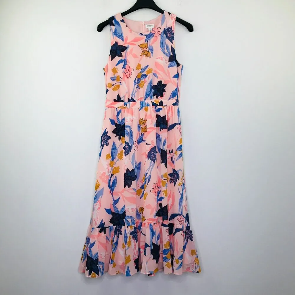 J Crew Women's 0 Dress Pink Blue Floral Sleeveless Crinkle Tiered Midi BW22